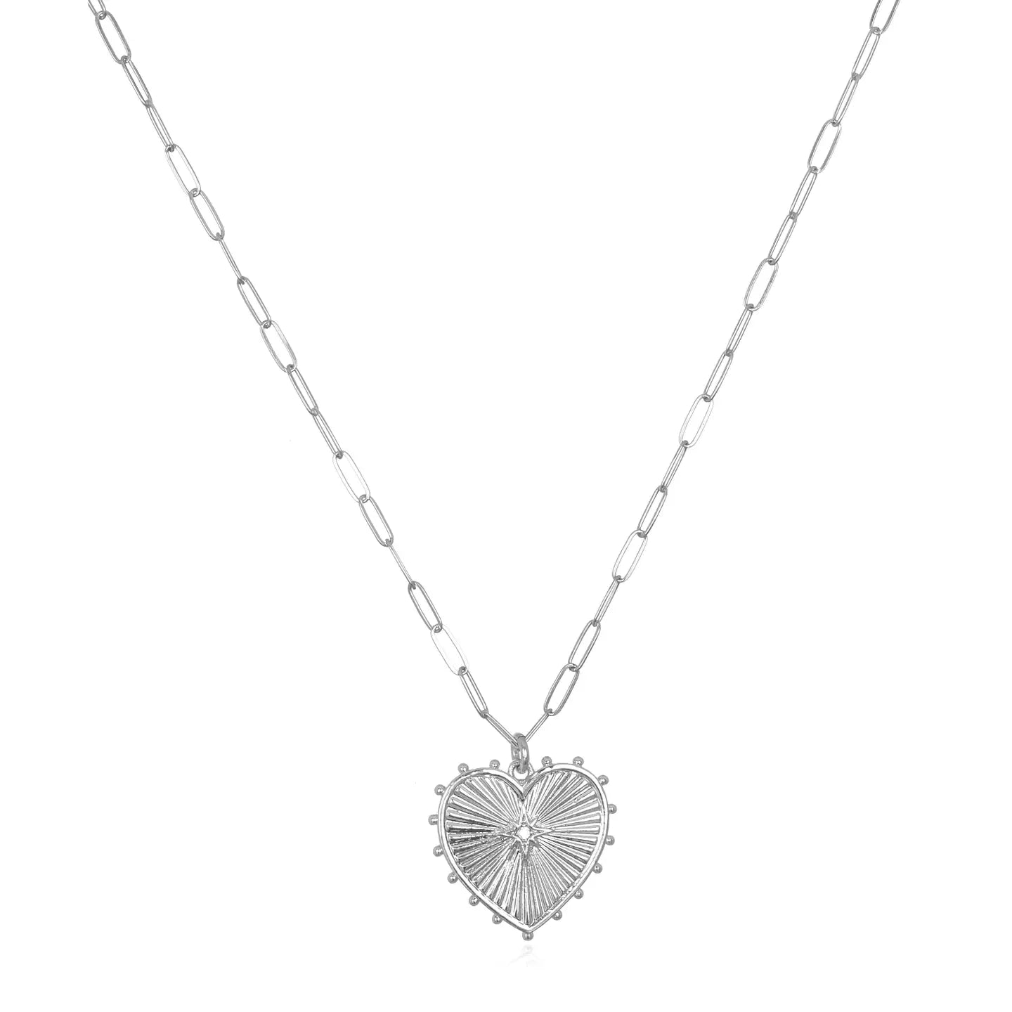 Amelia Rose Jewelry Beaded Heart Charm Paperclip Necklace Silver